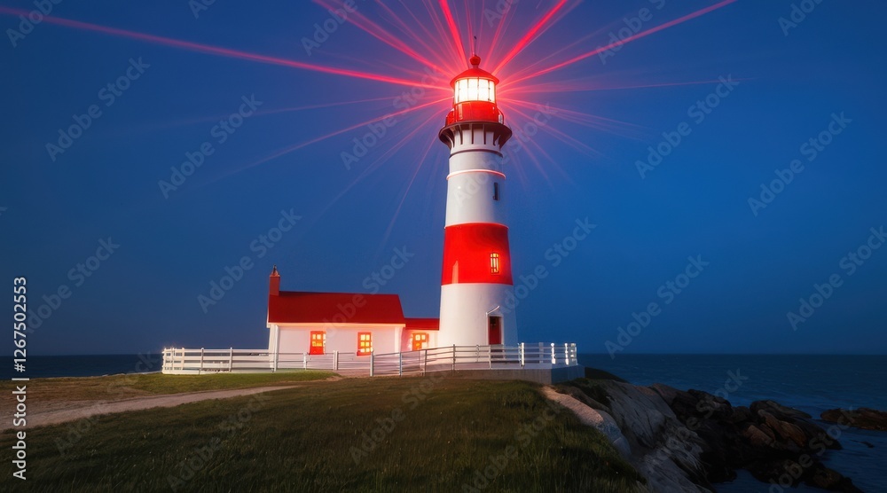 Red And White Coastal Lighthouse at Night with Dramatic Light Beams Red And White Coastal Lighthouse at Night with Dramatic Light Beams