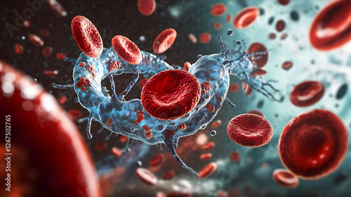 A microscopic view of parasites in the bloodstream, surrounded by red blood cells and immune responses trying to fight them off 