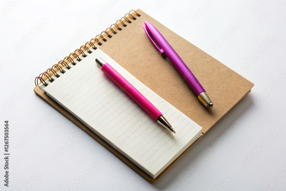 Elevate your workspace with this stylish mockup: white notebook, brown paper, pink pen. Perfect stationery photography. Elevate your workspace with this stylish mockup: white notebook, brown paper, pink pen. Perfect stationery photography.