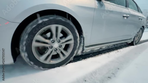 A car struggles going uphill during a snowstorm in the northeast. Front wheel drive vehicle has a hard time getting traction. Pittsburgh suburbs. Shot at 60fps for optional slow motion use.	