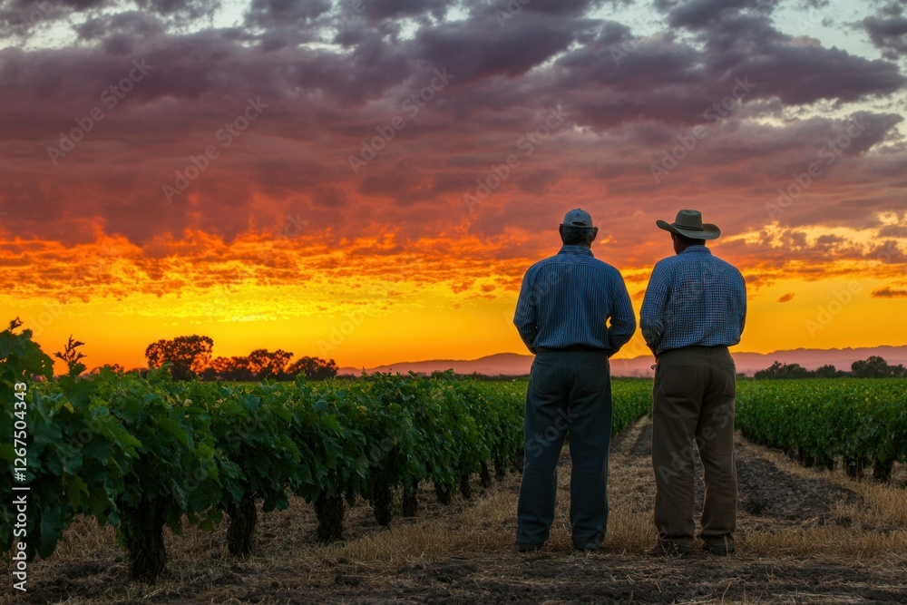 Two Farmers in Vineyard Watching Stunning Sunset Over Grape Plants in Distant Mountains Two Farmers in Vineyard Watching Stunning Sunset Over Grape Plants in Distant Mountains
