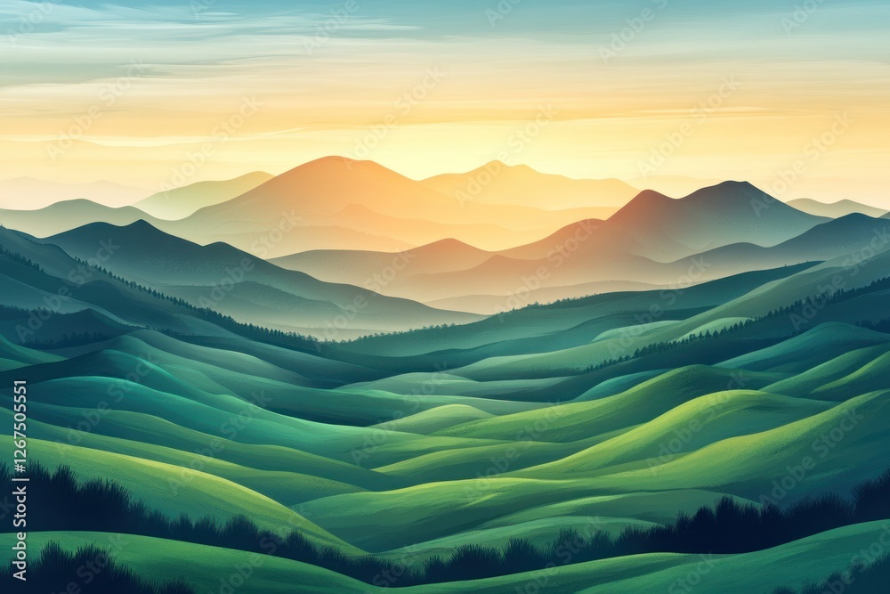 Serene Landscape at Sunrise with Rolling Hills and Soft Pastel Sky Over Mountain Range Serene Landscape at Sunrise with Rolling Hills and Soft Pastel Sky Over Mountain Range