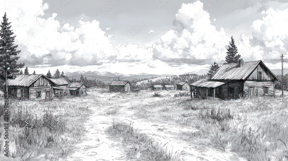 Grayscale Village Scene, Countryside, Houses, Path Grayscale Village Scene, Countryside, Houses, Path