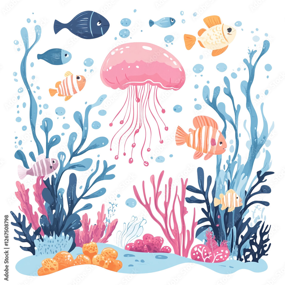 Naklejka premium Vibrant underwater scene with playful fish and a pink jellyfish swimming among colorful corals and seaweed