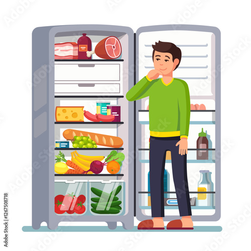 Man stands by the fridge chooses food. Modern flat style thin line vector illustration isolated on white background
