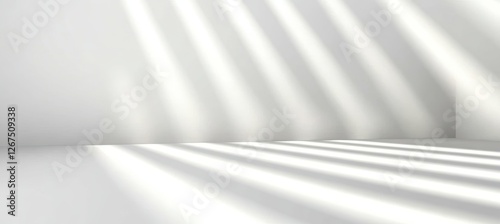 Empty White Studio Interior With Sunlight From Window, Abstract Background For Product Display