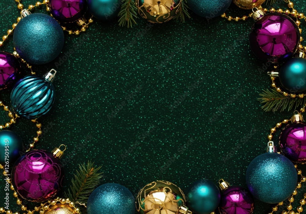 A luxurious Christmas scene featuring ornate baubles in rich purple and teal tones, paired with gold beads arranged in a festive border A luxurious Christmas scene featuring ornate baubles in rich purple and teal tones, paired with gold beads arranged in a festive border