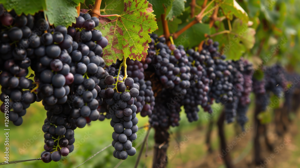 Fresh black grapes hanging on vine in vineyard, showcasing lush green leaves and ripe fruit. scene evokes sense of abundance and nature beauty Fresh black grapes hanging on vine in vineyard, showcasing lush green leaves and ripe fruit. scene evokes sense of abundance and nature beauty