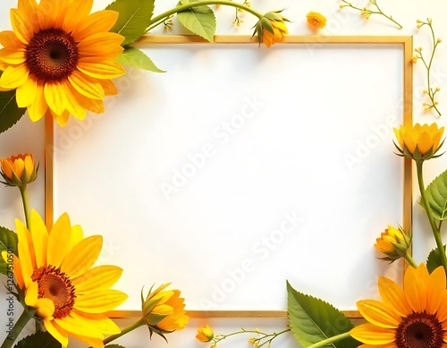 yellow flowers and leaves are arranged around a white frame