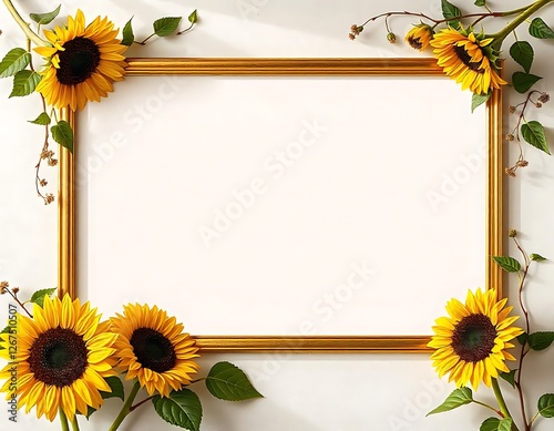 yellow flowers and leaves are arranged around a white frame