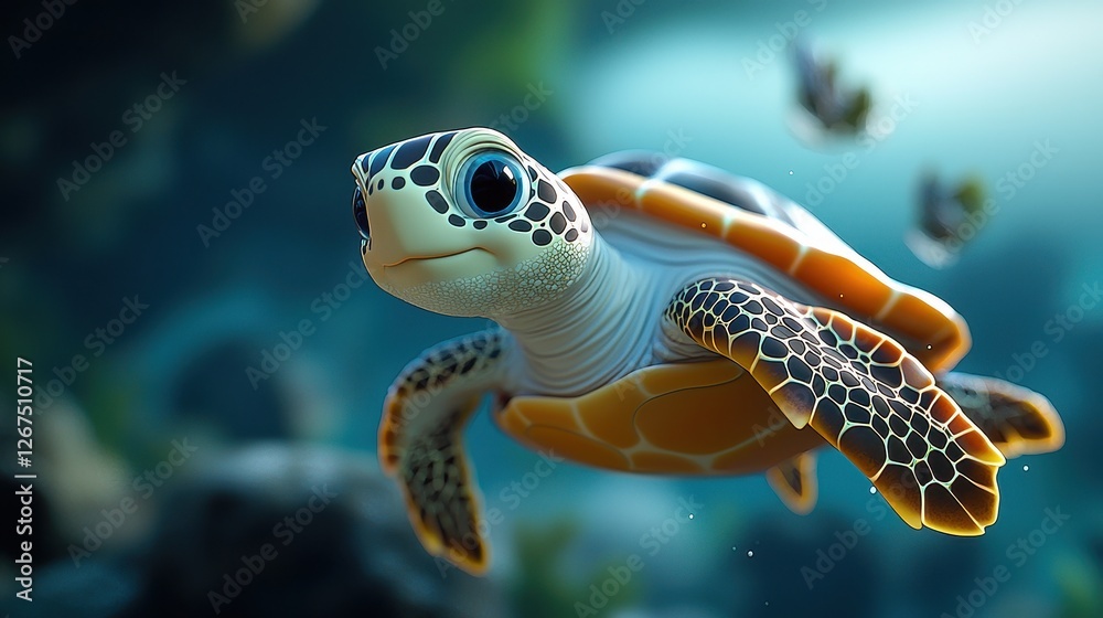 Fototapeta premium Colorful Sea Turtle Swimming Gracefully Underwater in Coral Reef