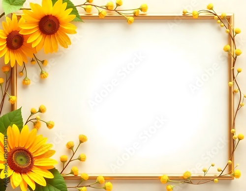 yellow flowers and leaves are arranged around a white frame