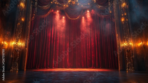 Majestic Theater Stage: Crimson Curtains and Gilded Accents