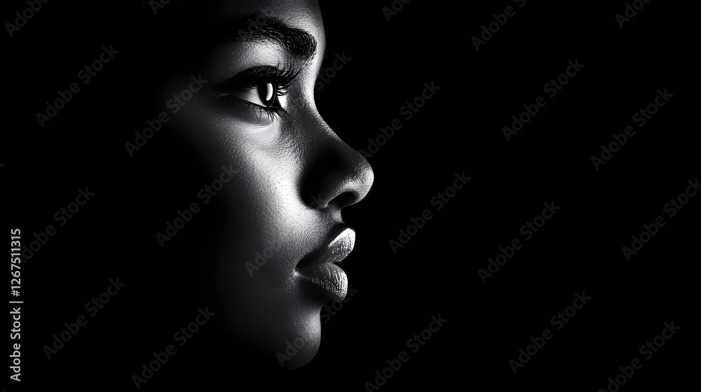 Dramatic Monochrome Portrait of Thoughtful Brooding Human Face in Shadows and Light Dramatic Monochrome Portrait of Thoughtful Brooding Human Face in Shadows and Light