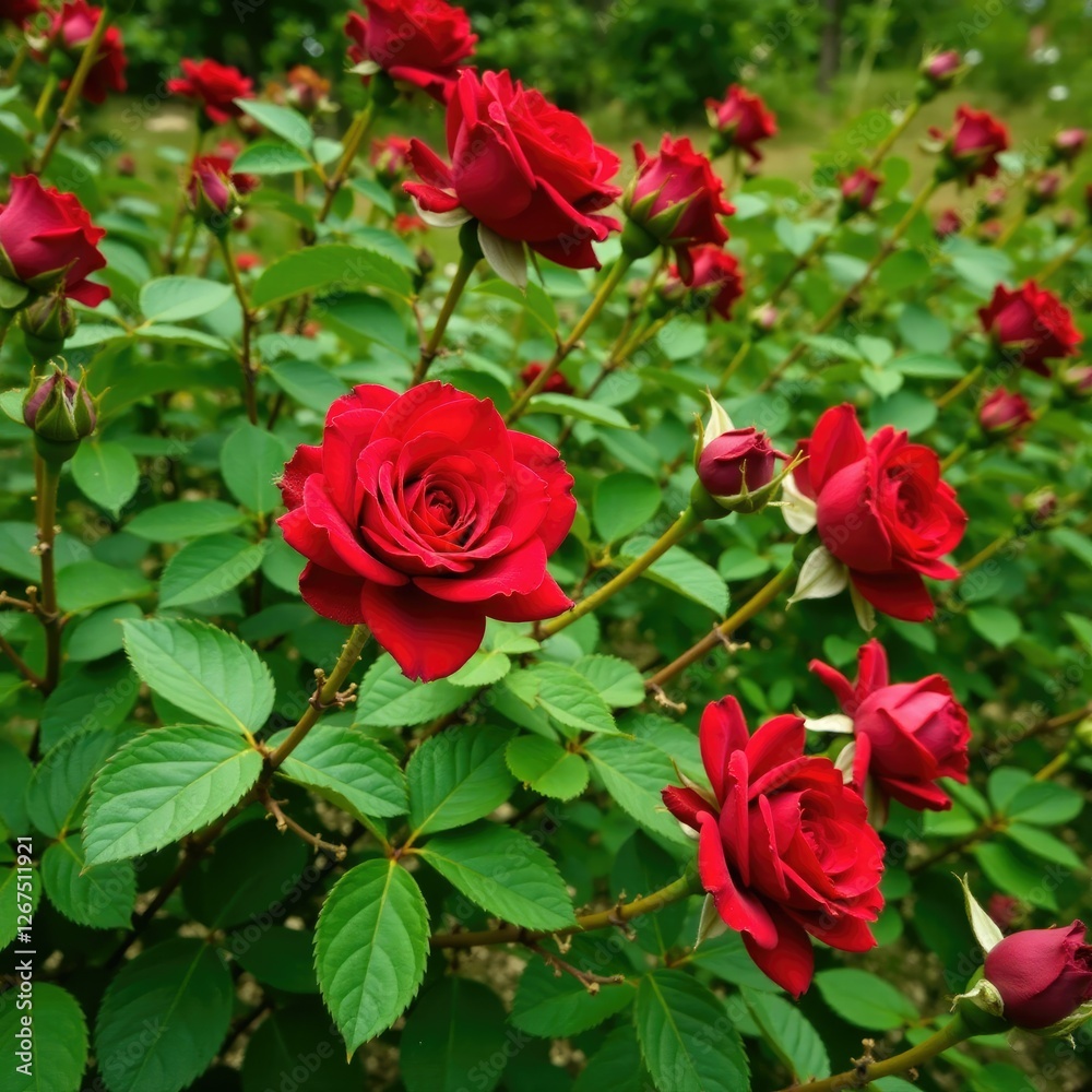 Red rose bush with thorny stems and lush green leaves, nature, bush, red roses Red rose bush with thorny stems and lush green leaves, nature, bush, red roses