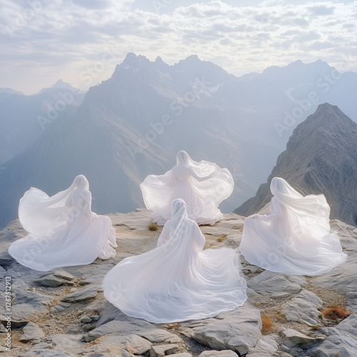 abstract illustration depicting four dancing women in thin veils on a mountain top
