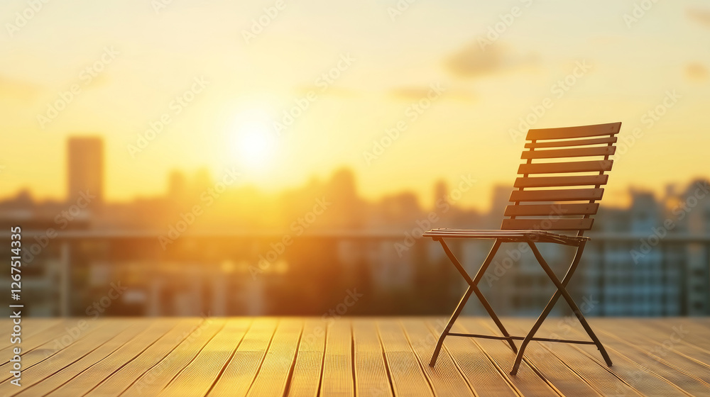 Simple metal chair overlooking a cityscape at sunset, warm golden hour lighting creates a serene atmosphere on the rooftop terrace Simple metal chair overlooking a cityscape at sunset, warm golden hour lighting creates a serene atmosphere on the rooftop terrace
