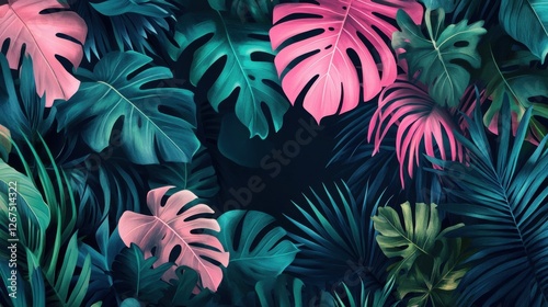 Tropical plants and Jungle background vector. colorful summer pattern design with topical foliage, arts brush and pink color. Modern wallpaper design for prints, poster, cover, cards and. homewares.