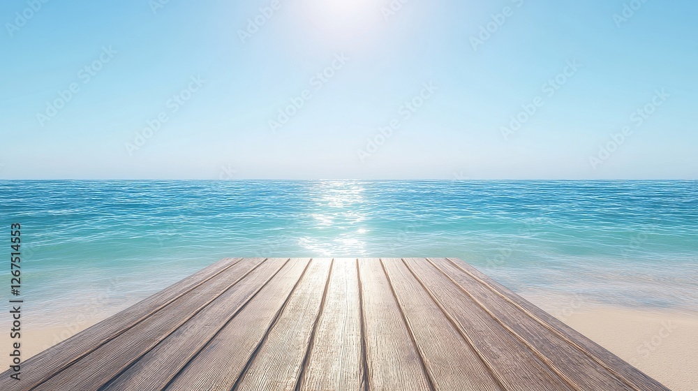 Fototapeta premium Calm Seaside View with Wooden Deck Overlooking Serene Ocean Waves