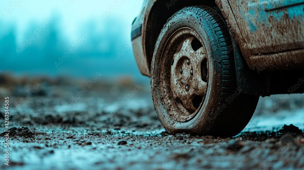 Close up of a damaged wheel rim on a car in a muddy environment with structured lighting against a gray blue background Close up of a damaged wheel rim on a car in a muddy environment with structured lighting against a gray blue background
