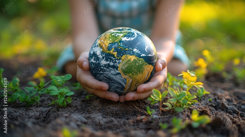 Child holds Earth globe in garden, environmental awareness Child holds Earth globe in garden, environmental awareness