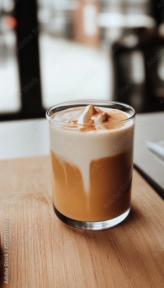 Creamy Coffee Drink with Whipped Foam in a Glass on a Wooden Table, Perfect Morning Beverage. Creamy Coffee Drink with Whipped Foam in a Glass on a Wooden Table, Perfect Morning Beverage.