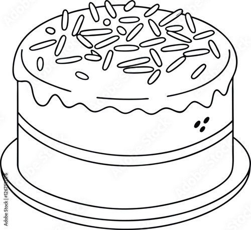 Delicious Round Cake with Sprinkles, Simple Line Drawing