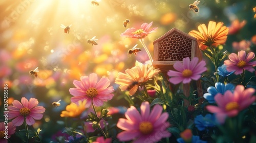 Sunny beehive in vibrant flower garden photo