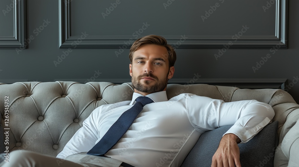 A confident caucasian man dressed in formal attire reclines comfortably on a plush grey couch, exuding a calm demeanor. The sophisticated backdrop adds to the atmosphere of elegance A confident caucasian man dressed in formal attire reclines comfortably on a plush grey couch, exuding a calm demeanor. The sophisticated backdrop adds to the atmosphere of elegance