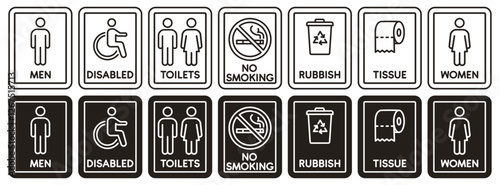 WC icon set, Toilet sign, containing bathroom, restroom, men and women, disabled, dumpster, toilet paper, infant, no smoking, shower, vector illustration