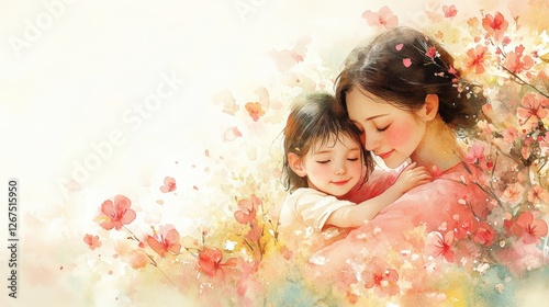 Mother's Day Embrace: Tender Watercolor Illustration of Mother and Child amidst Blooming Garden of Love and Gratitude in Soft Pastel Tones