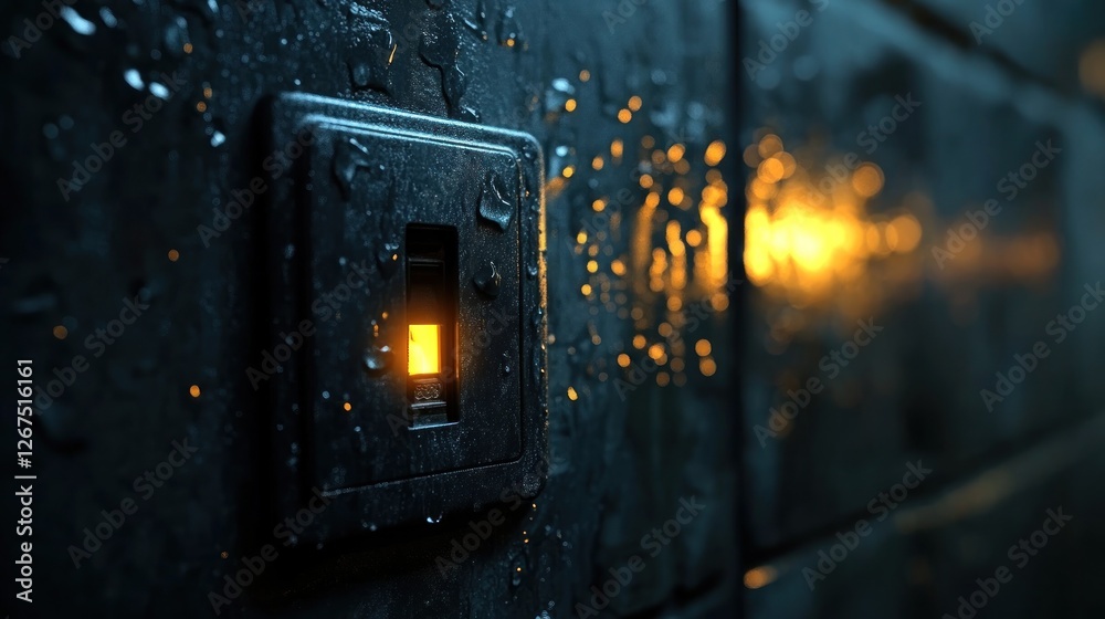 Wet dark switch glows in rain-slicked urban night Wet dark switch glows in rain-slicked urban night