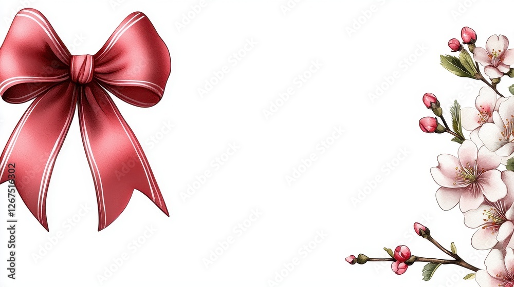 Elegant Red Ribbon Bow with Blossoming Floral Arrangement Design Elegant Red Ribbon Bow with Blossoming Floral Arrangement Design