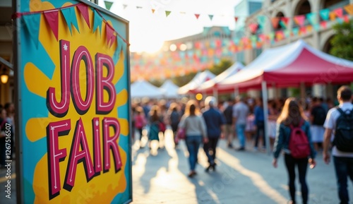 Bright job fair sign surrounded by colorful flags at a lively outdoor event