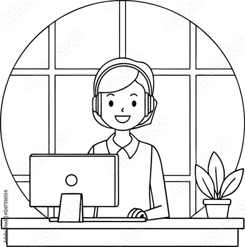 Smiling Customer Service Agent at Desk with Headset and Computer