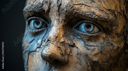 Artistic face sculpture with human features and eyes, covered in textured clay, on the wall.