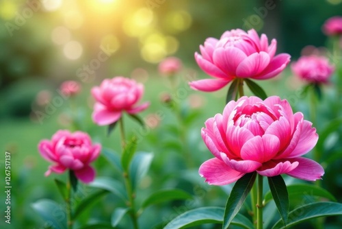 Vibrant watercolor peony flowers in a garden setting, garden, peonies, watercolor