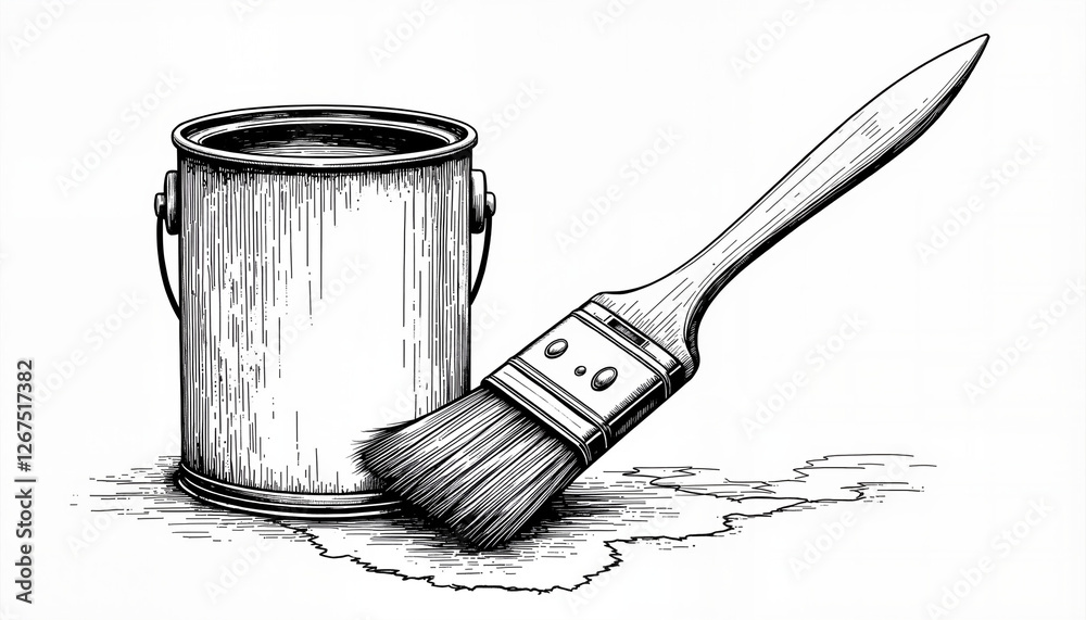 Vintage illustration of a can of paint with a brush, representing repair work and painting projects