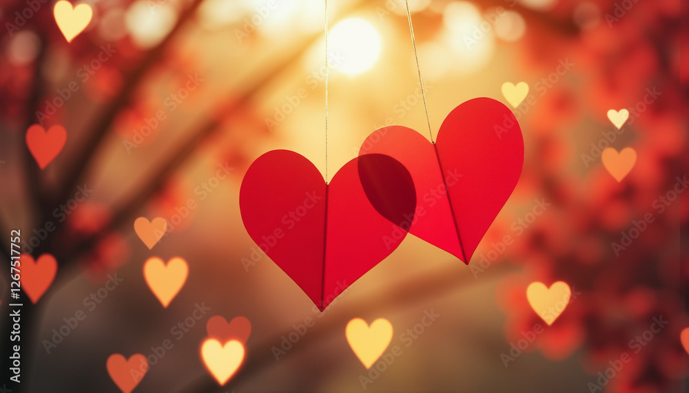 Two red paper hearts floating in soft golden light, romantic and dreamy atmosphere with blurred bokeh background