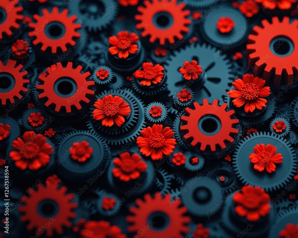 A hightech gear system with blooming flowers growing between the cogs A hightech gear system with blooming flowers growing between the cogs