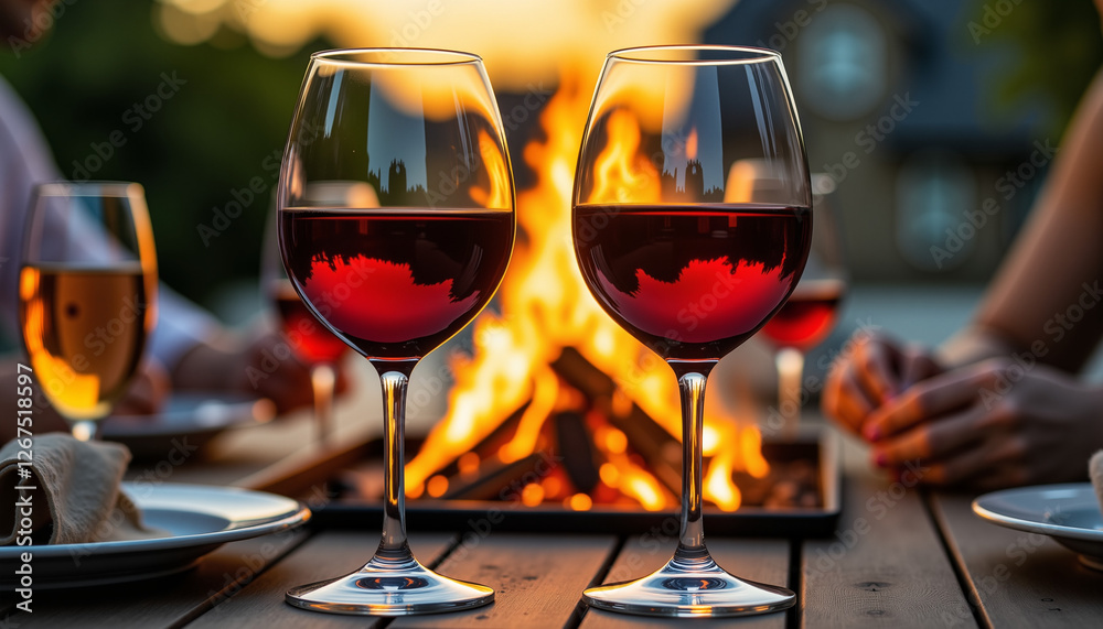 Close-up of two wine glasses with reflections of a grill fire, warm sunset lighting in an outdoor dining setup