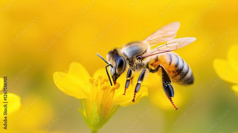 A cybernetic bee pollinating a field of neoncolored spring flowers A cybernetic bee pollinating a field of neoncolored spring flowers