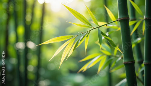 Obraz na płótnie Delicate green bamboo leaves swaying in the wind with soft sunlight filtering through, peaceful natural setting w salonie