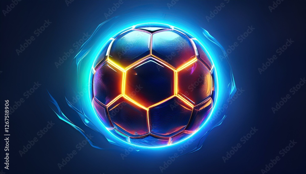 Fototapeta premium Abstract glowing neon colored soccer ball over blue background. Generated image