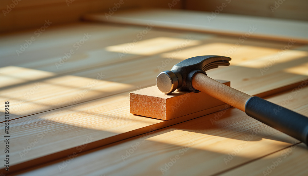 Hammer and tapping block placed next to partially installed wooden floor, warm tones of natural wood, installing wooden flooring