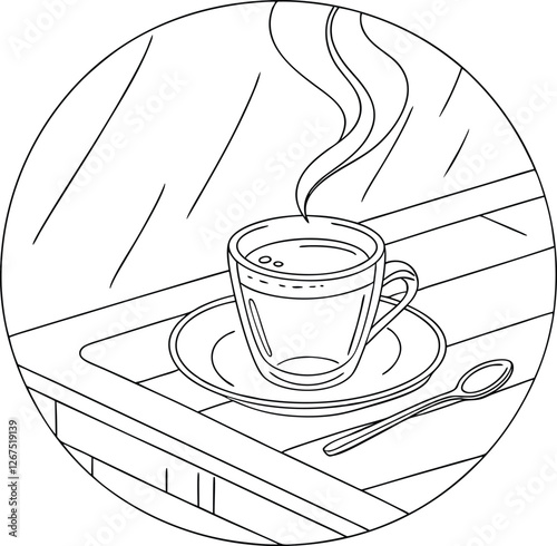 Steaming Hot Coffee on Tray, Cozy Window View, Morning Beverage