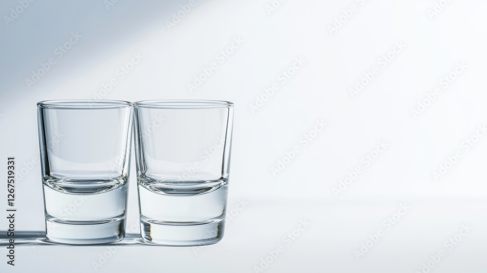Stacked empty shot glasses create a pyramid formation on a white surface with soft focus and shadows, showcasing minimalist design in high key lighting Stacked empty shot glasses create a pyramid formation on a white surface with soft focus and shadows, showcasing minimalist design in high key lighting