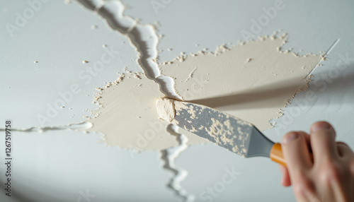 Obraz na płótnie Close-up of a putty knife spreading joint compound over a ceiling crack, smooth fresh application, ceiling repair work
w salonie