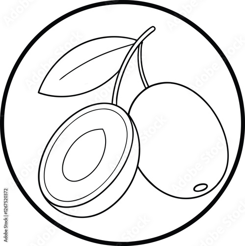 Fresh Plums, Halved Plum, Fruit Illustration, Line Art, Simple Design, Circular Frame, Botanical Dra