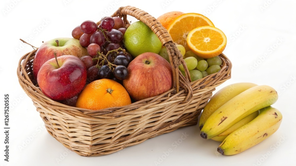 Fruit Basket with Apples, Oranges, Grapes, and Bananas Fruit Basket with Apples, Oranges, Grapes, and Bananas